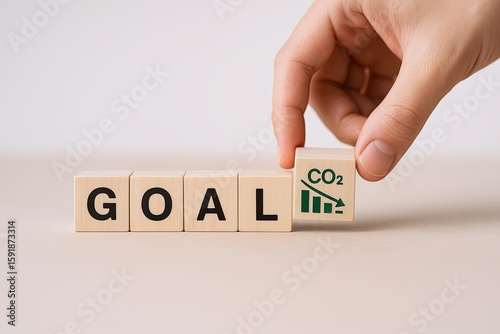 Hand arranging wooden blocks spelling GOAL with environmental CO2 reduction icon.