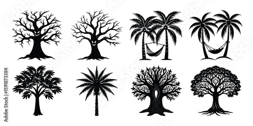Collection of eight stylized black silhouette trees;  tropical palms with hammock, spooky bare trees, and lush foliage.