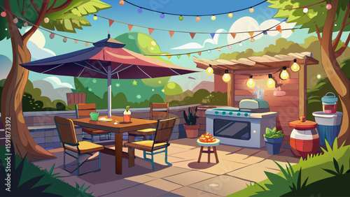 Back patio with BBQ grill, table, and food prep station under string lights. Evening barbecue setting