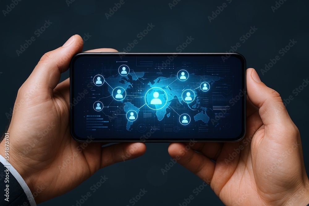 Close up of hand holding smartphone with digital social network interface and icons.