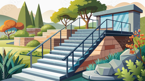 Modern outdoor staircase with metal railing and stone steps leading to garden