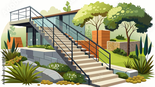 Modern outdoor staircase with metal railing and stone steps leading to garden