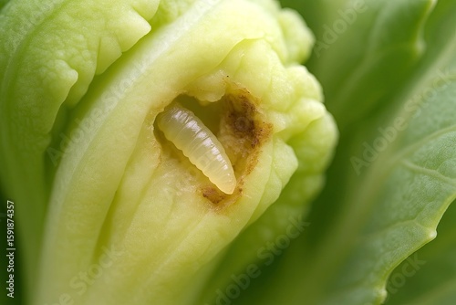 Swede midge larva in cauliflower tip – crop pest macro photo