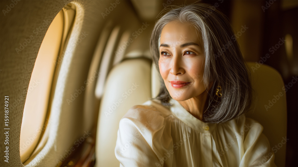 Obraz premium 60代女性が優雅に機内で微笑む