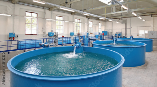 Large blue water tanks, clean indoor facility, industrial pipes, filtration system, bright lighting, modern water treatment process