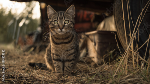  cat sitting on grass rustic outdoor. AI generation.
