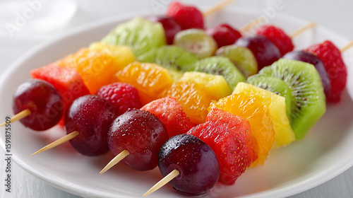 Colorful fruit skewers with mint on white plate. AI generation.