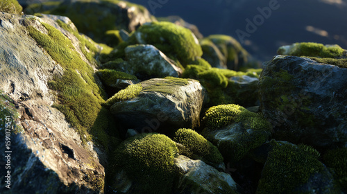 Close-up view of moss-covered rocks in natural mountain sunlight. AI generation.