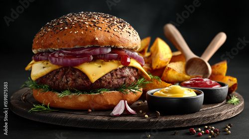 Juicy cheeseburger with lettuce and tomato on a wooden table at a cozy restaurant. AI generation.