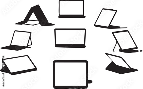 Black digital devices displayed in various orientations