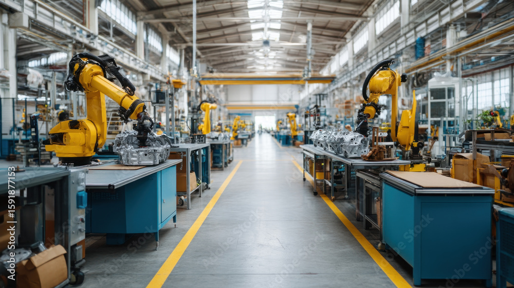 Naklejka premium Robotic arms assembly line electric vehicle factory automation technology modern manufacturing efficiency industrial