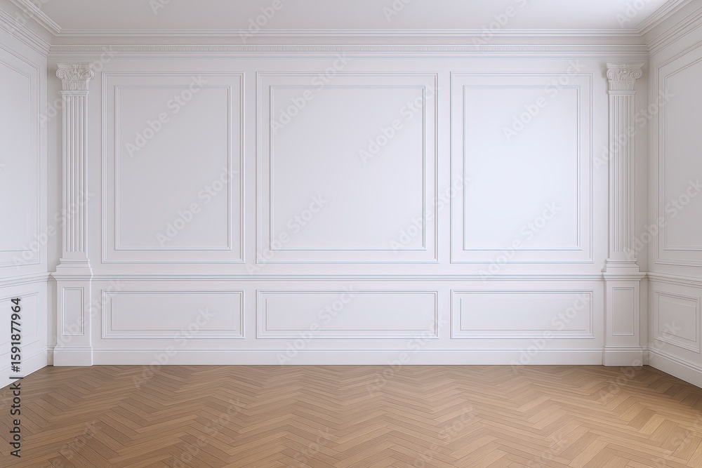 Fototapeta premium Empty white elegant panelled wall room with intricate molding and hardwood floor.