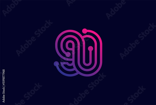 90 Number Logo, number 90 monogram line tech style, usable for anniversary, business and tech logos, flat design logo template, vector illustration