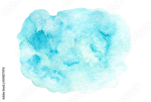 Bright light turquoise blue fluffy watercolour textured cloud stain. Abstract cyan colour watercolor blob for water splash texture or clouds concept, nature sky background