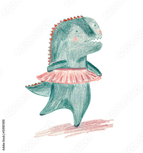 Cute color pencils drawing dancing green ballerina dinosaur in red pink skirt. Childish illustration with cheerful baller t-rex monster for greeting card design, sticker, girly dragon poster