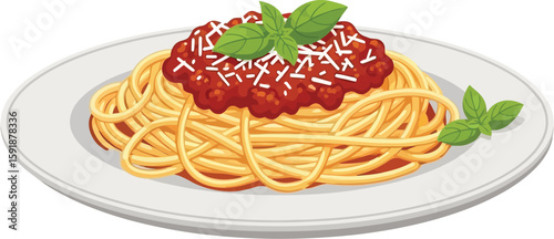 A plate of spaghetti with tomato sauce, parmesan cheese, and basil leaves on a white background