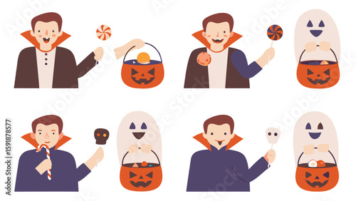 Illustrations of halloween characters including vampires and ghosts with candy and jack o lanterns