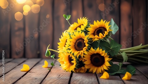 Bright sunflower bouquet on rustic wooden background with warm bokeh lights