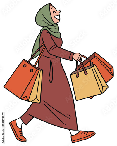 Happy muslim woman in hijab carrying shopping bags enjoying a day out