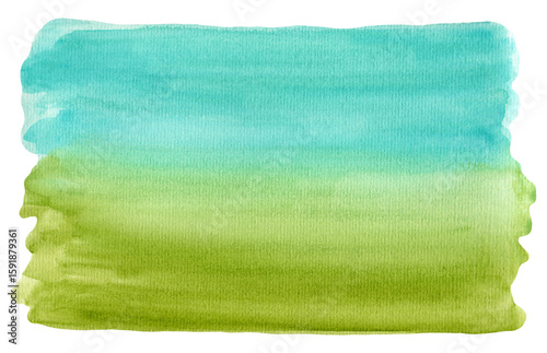 Bright gradient from turquoise blue to grass green watercolor background. Fresh and vibrant nature watercolour textured concept, illustration for banner, eco surface design, colorful meadow texture