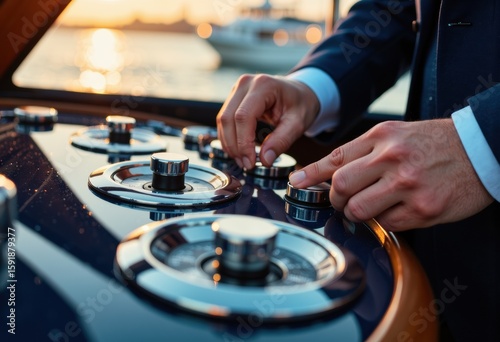 Businessman adjusting controls on a yacht's navigation or entertainment system during sunset