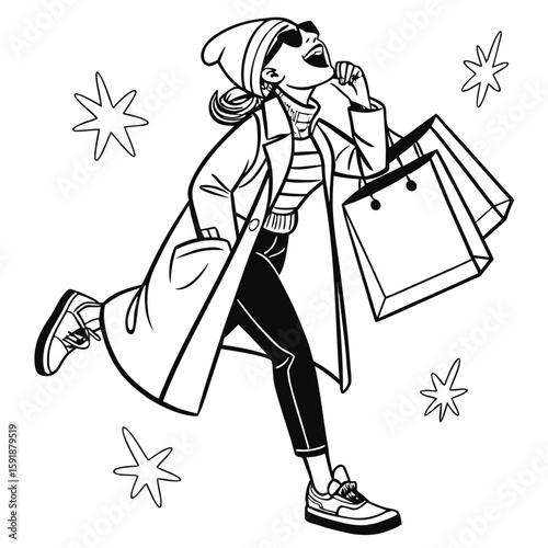 Excited woman in winter coat and beanie happily shopping with bags in the snow