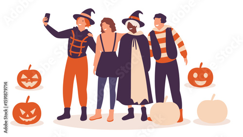 Group of friends in halloween costumes taking a selfie with pumpkins around them having a good time