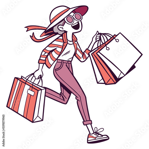 Excited woman in stylish summer clothes happily carrying shopping bags