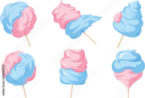 A collection of six cotton candy illustrations in pink and blue on a white background art