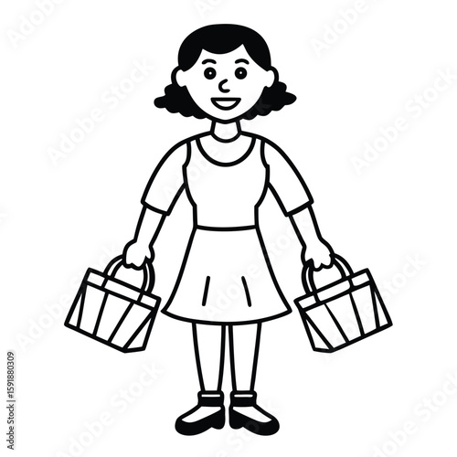 Happy woman with shopping bags in a simple line drawing style
