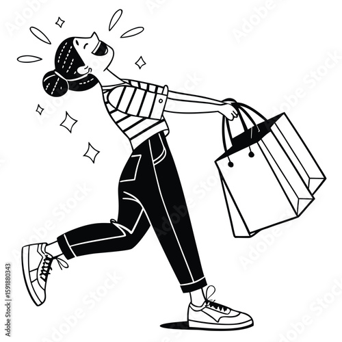 Excited woman happily walking with shopping bags after a successful shopping spree