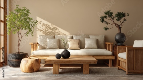 Serene Living Room with Natural Elements and Cozy Seating