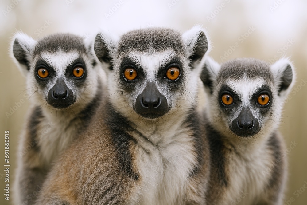 Fototapeta premium Close-up of three curious young meerkats standing upright in natural habitat.