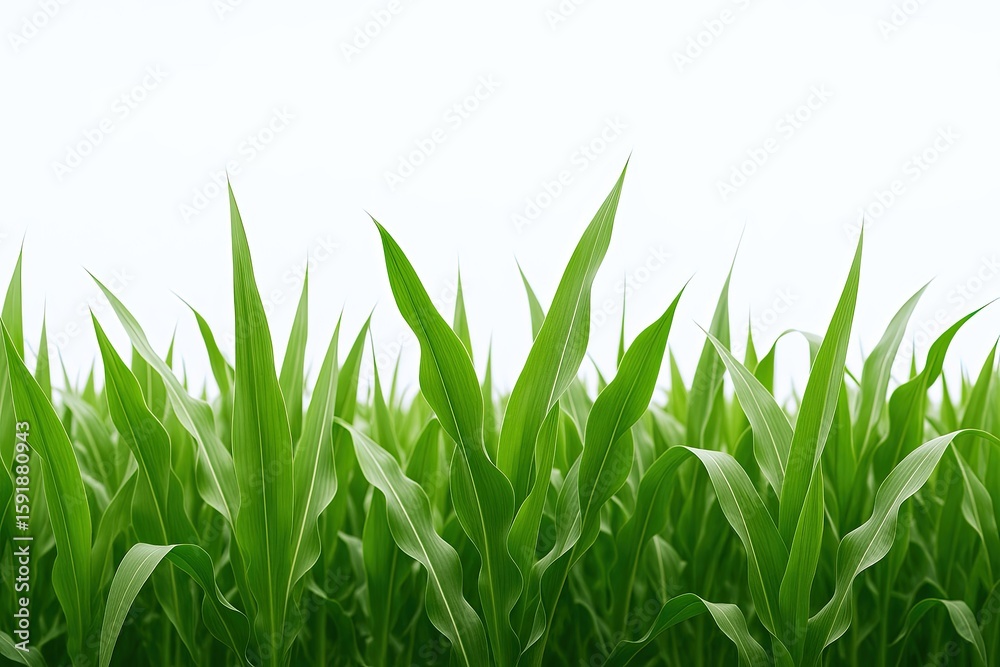 Obraz premium Fresh green grass blades growing in a lush field under bright sunlight on white background.