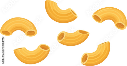 A simple illustration of six pieces of elbow macaroni pasta scattered on a white background
