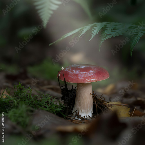 Single red capped mushroom in forest floor with fern