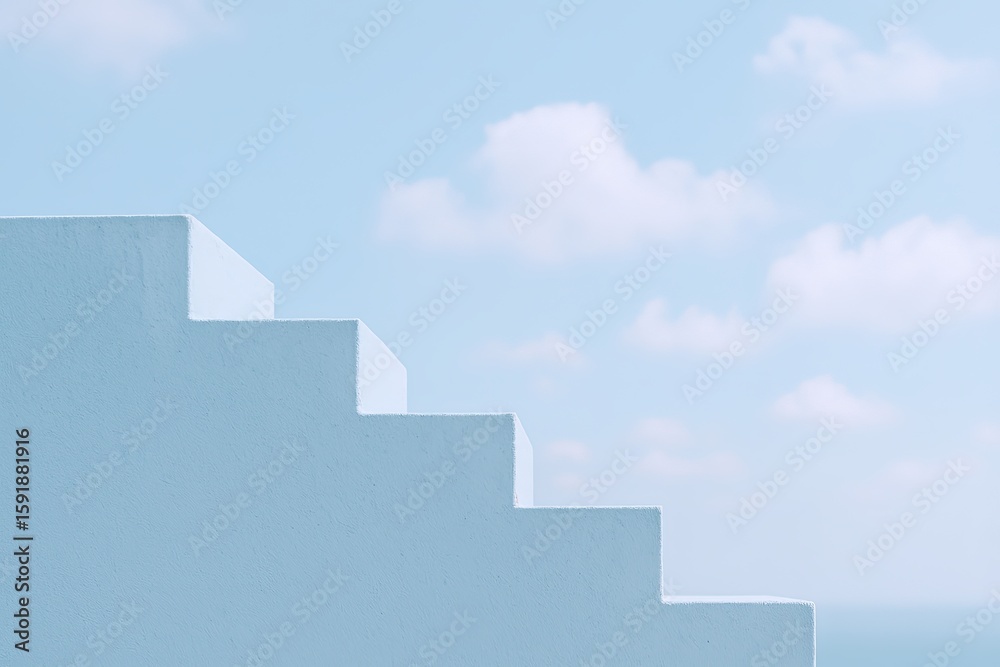 Fototapeta premium Modern white staircase with steps leading to sky and clouds in bright outdoor setting.