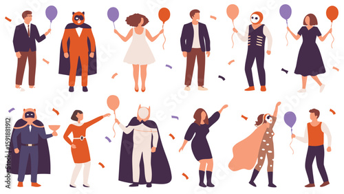People wearing costumes and holding balloons at a party with confetti scattered around them all around them