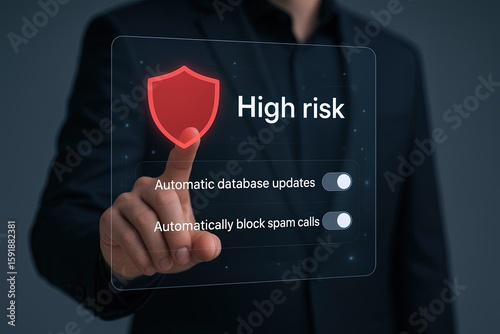 Business professional pressing virtual high risk shield alert on futuristic digital interface.