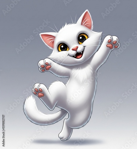 A cheerful white cartoon cat jumping for joy. This happy kitten character has big yellow eyes and is leaping playfully in an adorable illustrated pose.