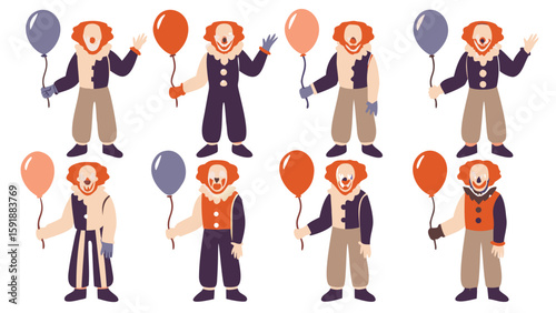 Illustrative pattern featuring eight clowns holding balloons with varied color schemes and outfits