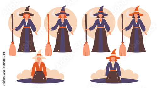 Illustration of five witches with hats and brooms in various poses against a light background