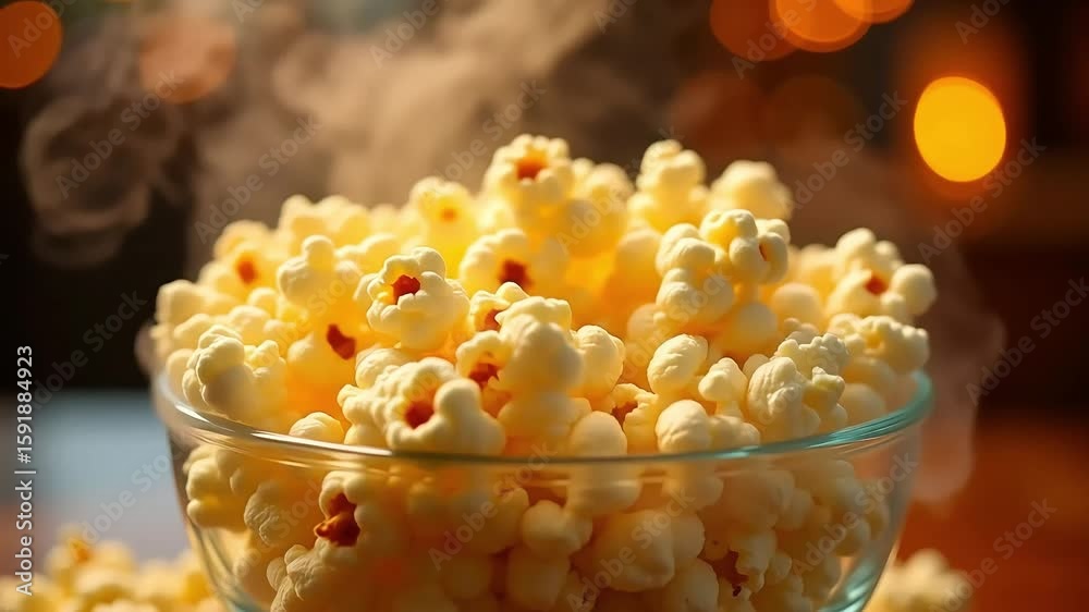 Steaming bowl of fresh popcorn, a perfect treat for movie nights and snacking moments at home.