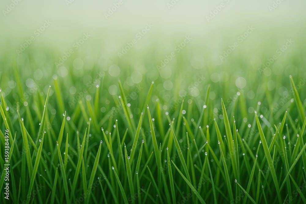 Fototapeta premium Lush green grass with dewdrops on blades under soft natural light in a field.