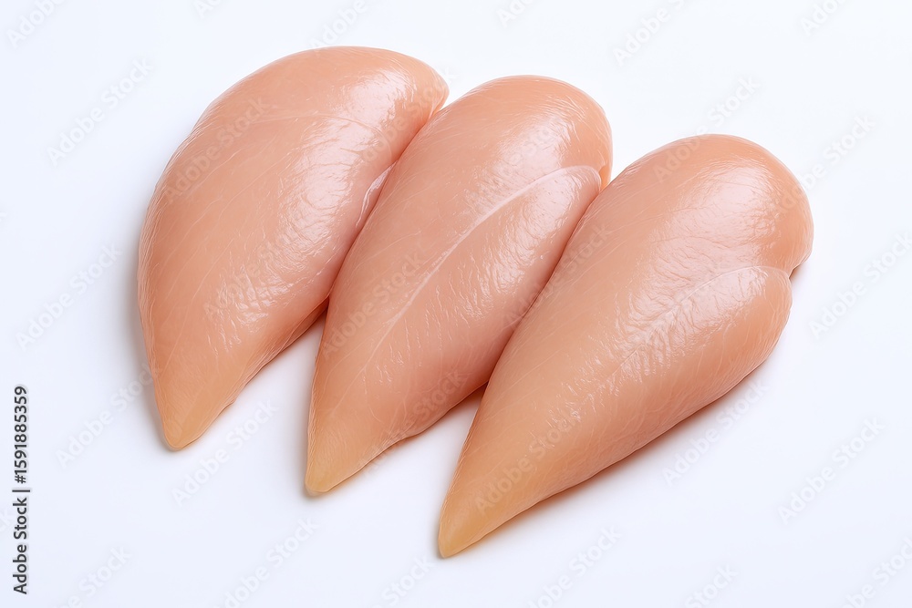 Close-up of three raw chicken drumsticks on a white background with detailed texture. Close-up of three raw chicken drumsticks on a white background with detailed texture.