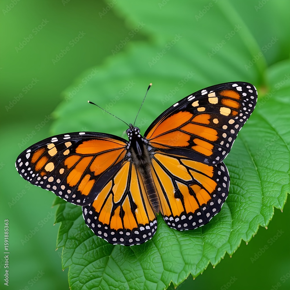 Fototapeta premium monarch butterfly on green leaf in nature 