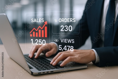 Businessman analyzing sales data on laptop with sales, orders, views analytics display.