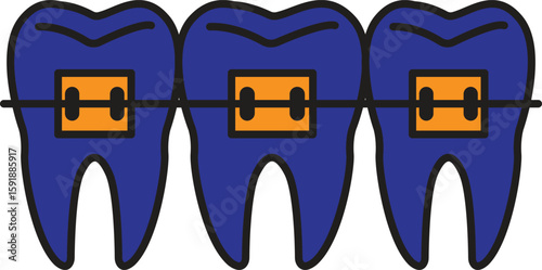 Three teeth with braces icon symbolizing orthodontics, dental alignment or braces treatment with transparent background
