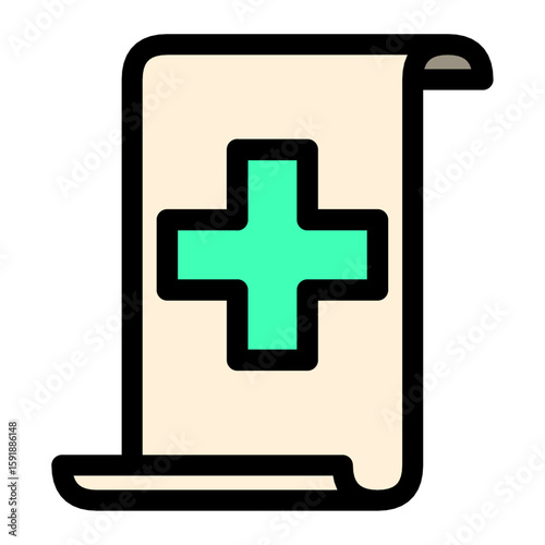 vector icon of a health document or medical paper with cross symbol, representing healthcare file, medical record, or prescription form, suitable for UI and digital use