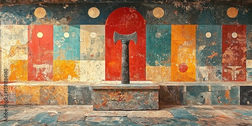 Ancient stone axe with red and black painted carvings placed horizontally on cracked stone wall with faded hieroglyphic carvings. Generative by AI.